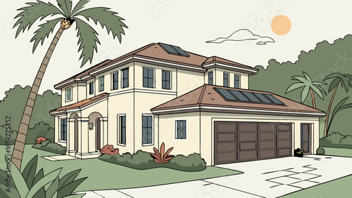 Illustration of a Luxury Suburban House with Palm Trees and Solar Panels.