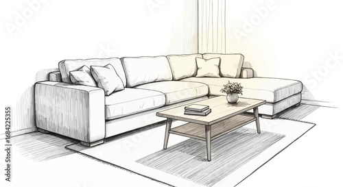 Cozy living room scene with soft corner sofa and minimalist coffee table