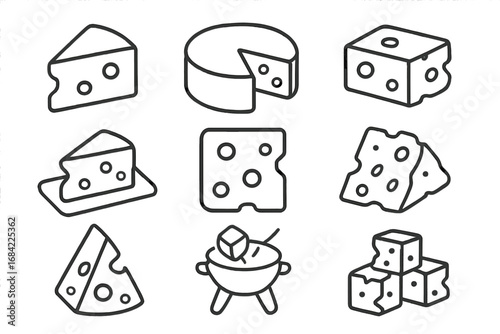 Cheese outline icon set. Linear pictogram collection for web and graphic design. Vector symbols of dairy food, swiss cheese, parmesan, cheddar, emmental, and fondue pot.