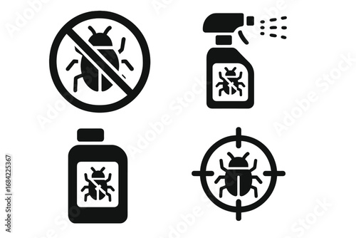 Bug prevention solid icon set. Insect control, pest management glyph collection. Vector symbols for insecticide, repellent spray, extermination, and poison. Anti-bug sign.