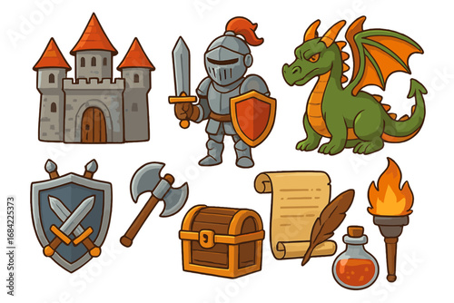 Cartoon medieval fantasy icon set for games. Vector clip art illustration with knight, dragon, castle, treasure chest, sword, shield, axe, potion and magic scroll.