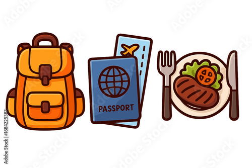 Travel essentials icon set with backpack for adventure, passport and ticket for documentation, and food for culinary exploration. Vector cartoon illustration for tourism.