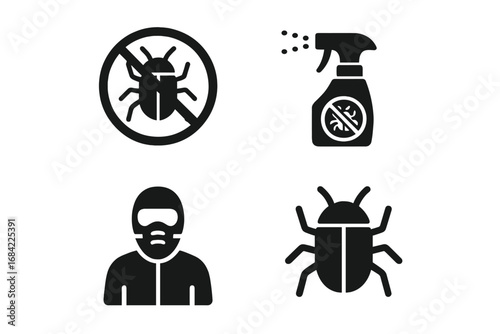 Pest control glyph icon set. Bug prevention and insect extermination solid icon collection. Vector symbols for insecticide, repellent, and parasite management services. Stop bug sign.