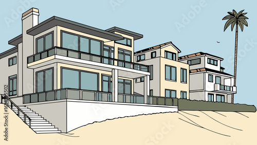 Illustration of modern beach houses architectural design coastal home seaside property summer vacation real estate home design exterior building dwelling residence villa luxury architecture modern ar.