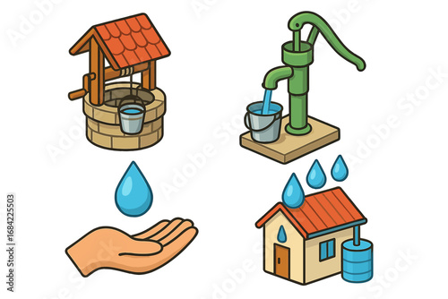 Isometric Water Management Icons Set with Water Well, Hand Pump, Rainwater Harvesting, and Hand Catching Water - Village Water Security and Sustainability Vector Illustration