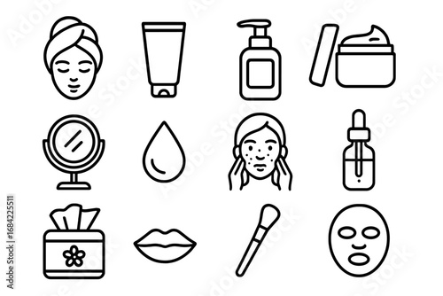 Beauty skincare outline icon set. Cosmetic personal care line art symbols. Vector collection for facial treatment, dermatology, skin routine, cream, serum, acne, and spa products.