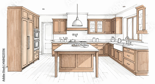 Detailed kitchen interior sketch showcasing cabinetry and central island space