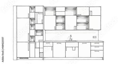 Detailed Line Art Illustration of a Modern Kitchen Interior Design