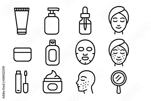 Beauty and skincare outline icon set. Cosmetic and personal care symbols. Vector illustration for dermatology, spa, and beauty routine. Face cream, serum, mask, and acne treatment.