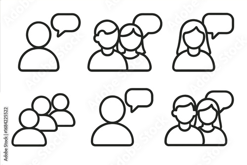 Modern People and Speech Bubble Outline Icons, Communication and Social Interaction Symbols, Vector Cartoon Illustration for Design, Apps, Social Networks, Cards, Transparent Background Set
