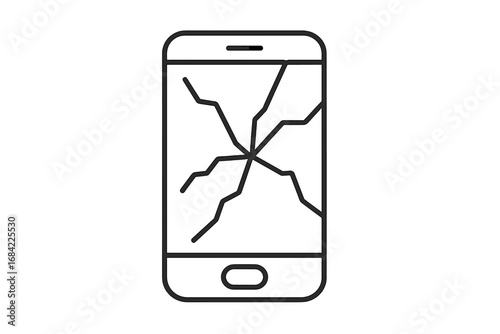 Broken smartphone linear icon. Cracked screen display. Damaged phone. Cellphone repair service concept. Mobile device needs fixing. Outline vector symbol, sign, pictogram.