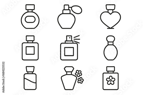 Perfume bottle line icon set. Fragrance and scent symbols. Minimalist vector pictogram collection for beauty, cosmetic and fashion design. Outline spray and flacon.
