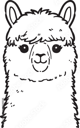 Cute Cartoon Llama Face Illustration in Black and White for Childrens Designs and Educational Materials