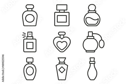 Perfume line icon set. Collection of fragrance bottles, spray, and cologne pictograms. Minimalist vector illustration for web, beauty, and cosmetic graphic design.