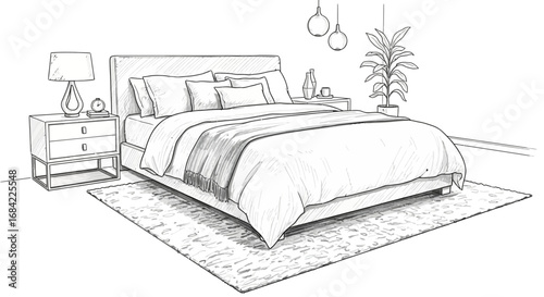 Detailed line drawing of a stylish contemporary bedroom interior sketch