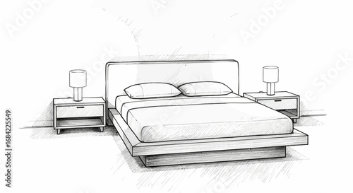 Detailed monochrome sketch of a modern bedroom interior setting design