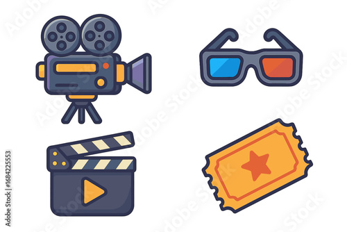Movie and cinema entertainment icons. Film production equipment with retro camera, clapperboard, 3D glasses and admission ticket. Vector cartoon graphic element set.