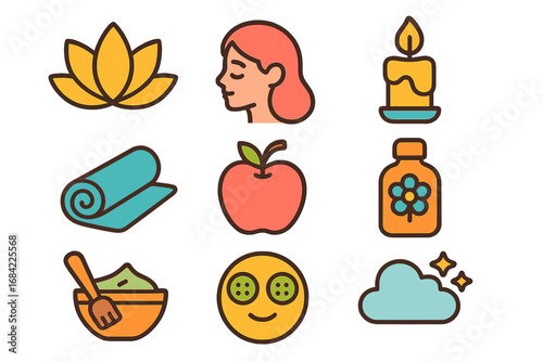 Wellness and Self-Care Icons Set in Minimalistic Vibrant Color Palette with Spa, Meditation, Relaxation, Beauty, and Healthy Lifestyle Elements Vector Illustration