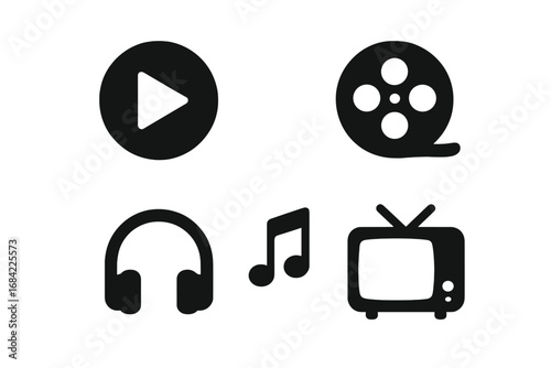 Media entertainment subscription vector icon set. Solid glyph symbols for streaming services. Play button, movie reel, headphones, music note, television icons for web and app.