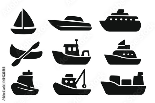 Boat and ship silhouette icon set. Marine nautical sailing symbols collection. Vector illustration. Water transport, sea travel, cruise, cargo, fishing boat, canoe, yacht.