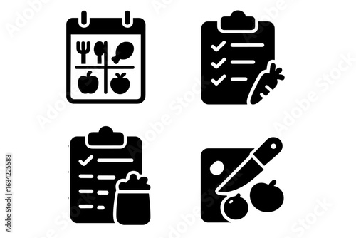 Meal planning solid icon set. Weekly diet schedule, food checklist, grocery shopping list, cooking and food prep vector icons. Nutrition plan glyph symbol collection.