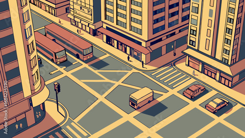 Isometric City Street Scene Urban Intersection with Buses Cars and Buildings.