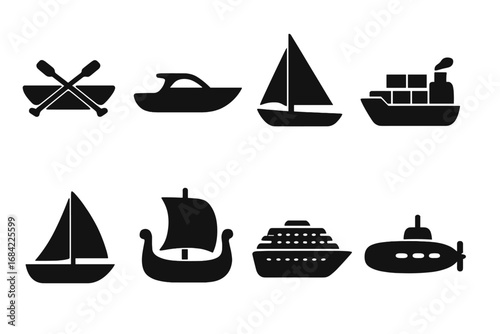 Boat and ship silhouette icon set. Marine transport and nautical sailing symbols collection. Vector graphic illustration of watercraft: sailboat, cargo ship, cruise, submarine.