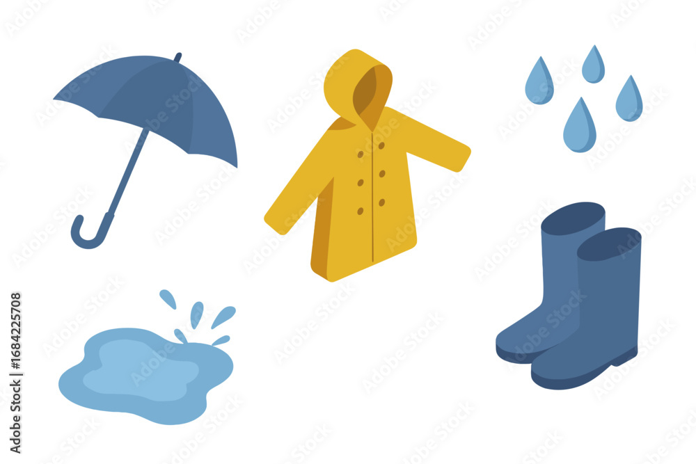 Obraz premium Isometric Rainy Day Essentials Vector Set with Umbrella, Yellow Raincoat, Blue Rain Boots, Puddle Splash, and Raindrops – Flat City Weather Gear Illustration