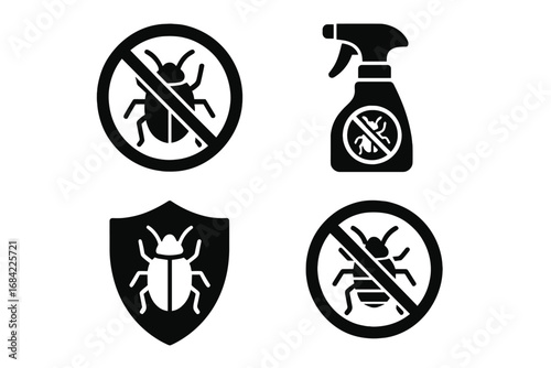 Pest control icon set. Bug prevention glyphs collection. Insecticide spray, repellent shield, and anti-insect symbols. Vector illustration for extermination and pest management.