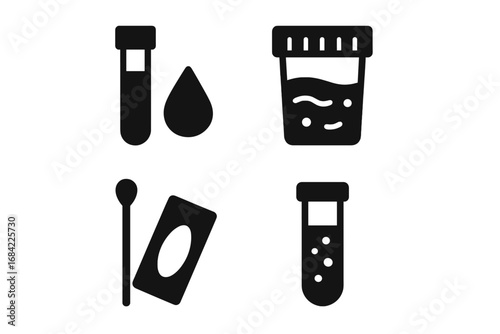 Medical testing solid icons. Lab diagnostics glyph set. Blood test, urine analysis, specimen cup, swab test, test tube vector symbols. Health care, clinic, diagnosis, research.