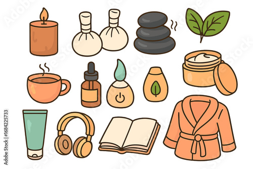 Wellness essentials for relaxation and self-care at home, spa and aromatherapy icons set, cozy lifestyle elements, calming activities, natural healing, weekend home routine vector