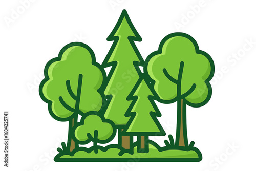 Vibrant Vector Forest Icon Pack with Cartoon Pine and Deciduous Trees, Green Woodland Landscape Illustration for Ecology, Nature, and Environmental Concepts, Apps and Graphic Design