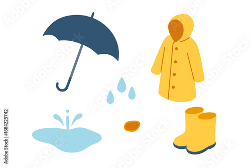 Rainy day essentials vector set, isometric flat icons of rainy city gear including umbrella, yellow raincoat, rain boots, rain puddle splash, and raindrops, weather collection