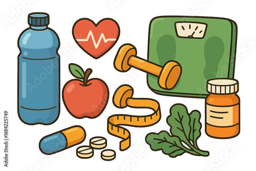 Health and wellness vector icon set. Healthy lifestyle, fitness, nutrition and diet concept. Cartoon collection with dumbbell, weight scale, apple, water, measuring tape, vitamins.