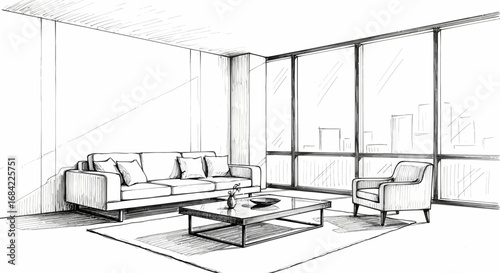 Elegant Apartment Interior Drawing with City View and Modern Furniture