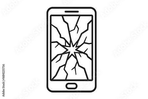 Broken smartphone with a cracked screen. Linear vector icon. Damaged mobile phone display. Cellphone repair service concept. Accident, warranty, fixing. Outline graphic sign.