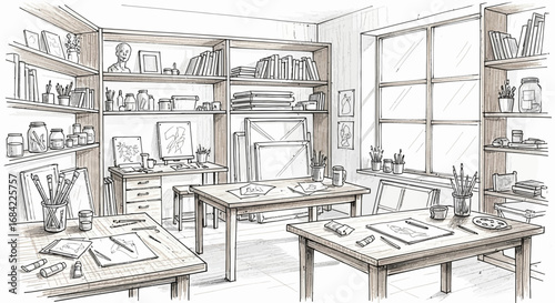 Detailed sketch showcasing a bright and spacious art studio environment