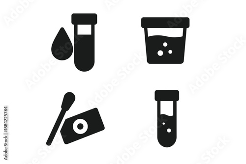 Medical testing icons. Lab analysis glyphs. Blood test, urine sample, swab test. Specimen collection. Healthcare diagnostics. Laboratory research symbols. Vector illustration.