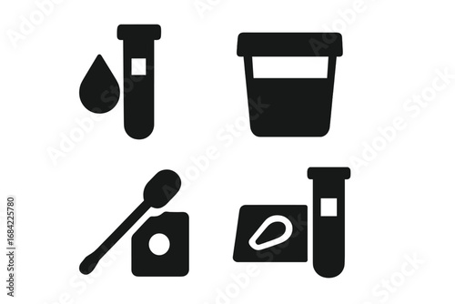 Medical testing solid icon set. Lab diagnostics symbols. Blood test, urine sample, PCR swab, and microscope slide specimen. Vector pictograms for healthcare, laboratory analysis.