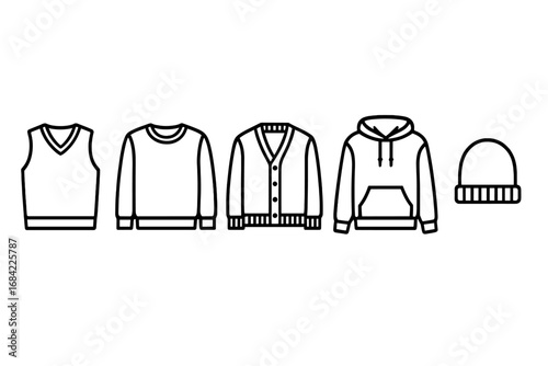 Sporty knitwear icons set with sweater vest, crewneck sweater, knit cardigan, pullover hoodie, and knit beanie in outline style, fashionable casual wear vector illustration