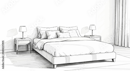 Elegant Bedroom Interior Sketch with Cozy Bed and Minimalist Nightstands