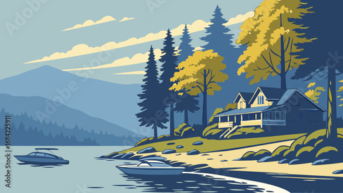 Lakeside Cabin Boats Mountains Nature Illustration Vacation Home Travel Poster Scenic View Peaceful Landscape Summer Vacation Waterfront Property Autumnal Colors Forest Trees Calm Water Relaxation Ho.