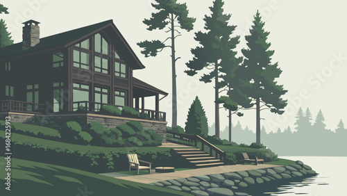 Lakeside Cabin Illustration Tranquil Forest Retreat Modern Architecture Nature Scene Cozy Home Green Landscape Wooden House Design Summer Vacation Peaceful View Waterfront Property Vacation Home Arch.