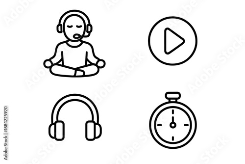 Guided meditation icon set for mindfulness and relaxation apps. Vector outline symbols include narrator, play button, headphones, and timer. Wellness and audio guide concept.