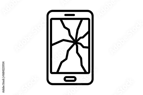 Broken smartphone with cracked screen outline icon. Phone repair service symbol. Damaged mobile device vector for web, apps. Cellphone accident, maintenance concept illustration.