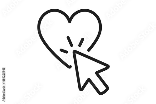 Cursor clicking heart linear icon. Like button concept. Favorite symbol. Social media interaction. Love sign. Web pointer. Click symbol for user interface UI UX design.