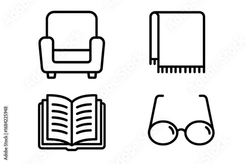 Cozy reading nook icons set with armchair, lap blanket, open book, and reading glasses. Outline vector illustration for home comfort and leisure reading concept