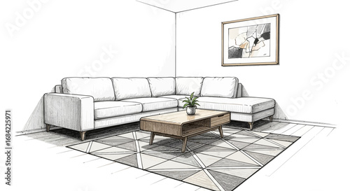 Elegant corner living space with sofa, table, carpet and abstract art
