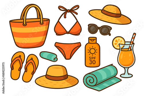 Summer Vacation Essentials for Relaxing Beach or Poolside Days, Vector Cartoon Illustration with Sunscreen, Swimwear, Hats, Flip-Flops, Sunglasses, Towel, Drink, and Beach Bag