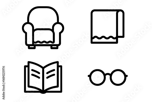 Cozy Reading Nook Icon Set, Outline Style Vector Illustration of Armchair with Lap Blanket, Open Book, and Reading Glasses, Home Comfort and Relaxation Symbols